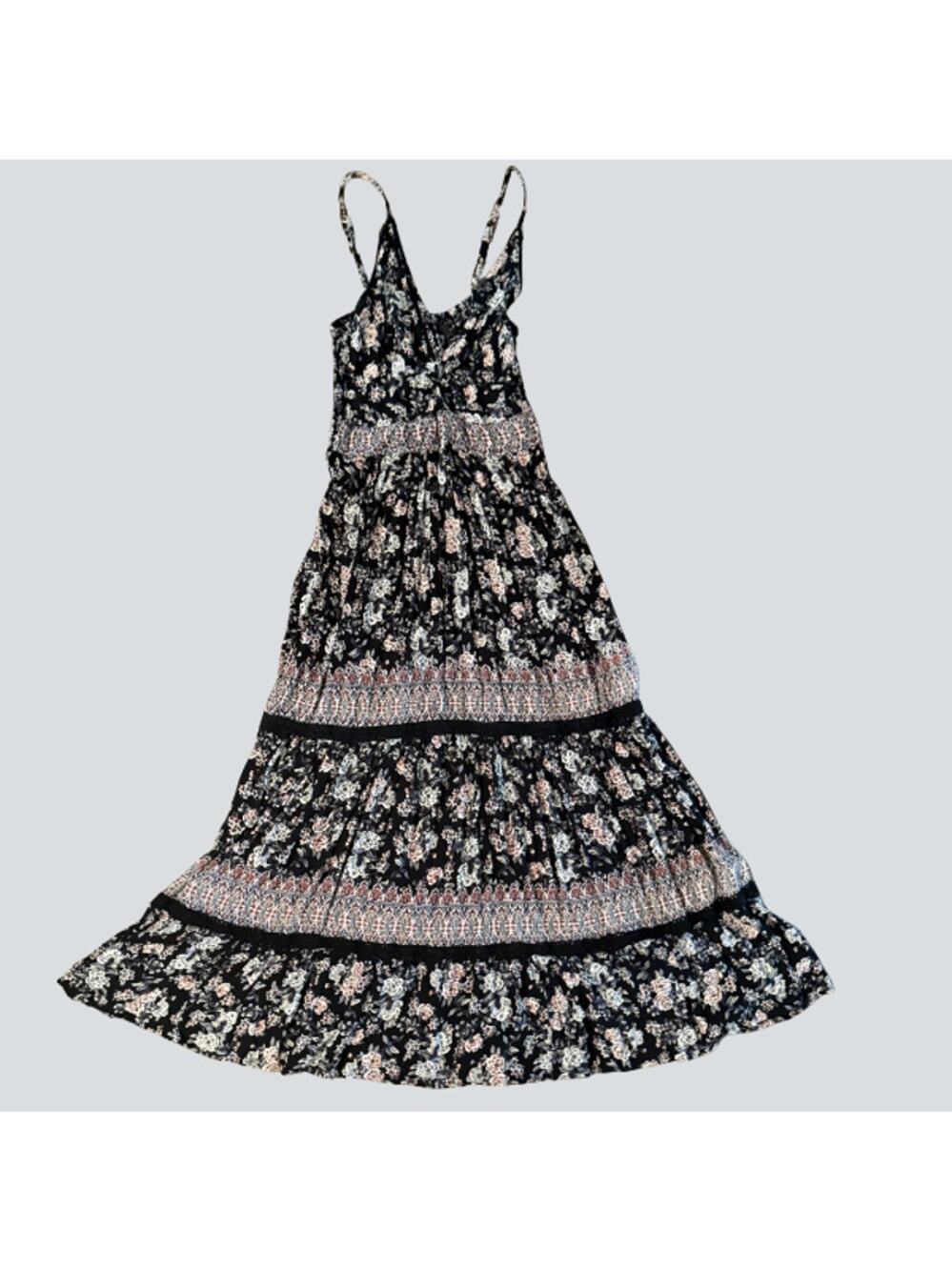Angie Black Floral Tiered Boho Maxi Dress Spaghetti Strap 100% Rayon Size M